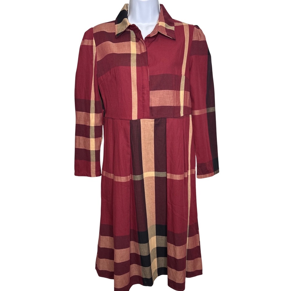 Cottagecore Womens Burgundy‎ Tan Black Plaid Button Front Midi Shirt Dress Sz XL